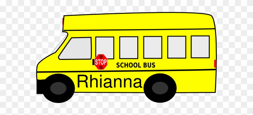 Yellow school bus with "Rhianna" written on side and red stop sign extended.
