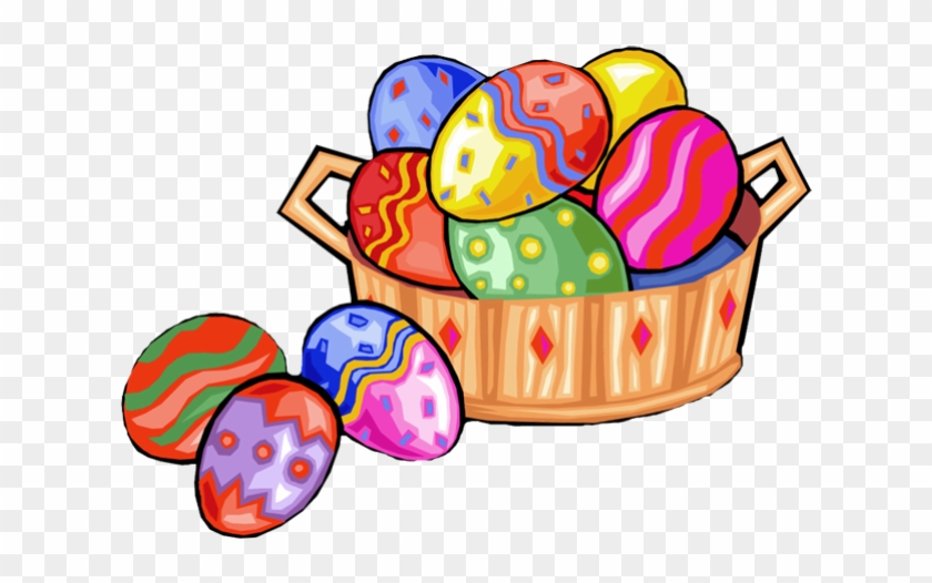 Colorful decorated Easter eggs in a wooden basket with some spilling out.