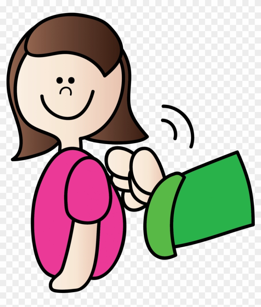 Smiling cartoon girl in pink shirt holding a green megaphone, broadcasting sound waves.