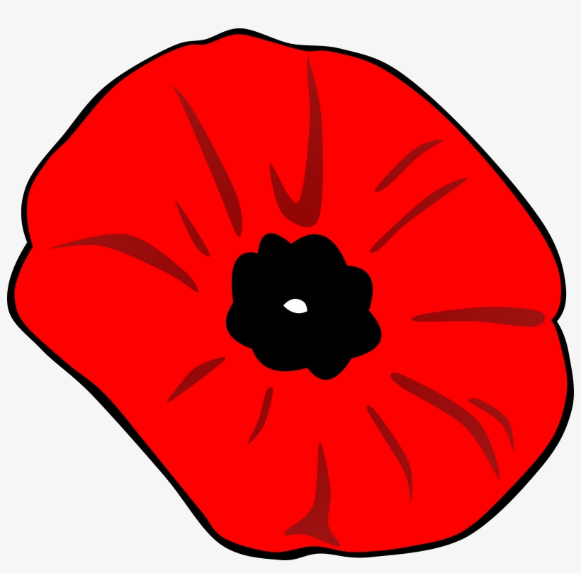 Red poppy flower with black center and white dot, stylized illustration.