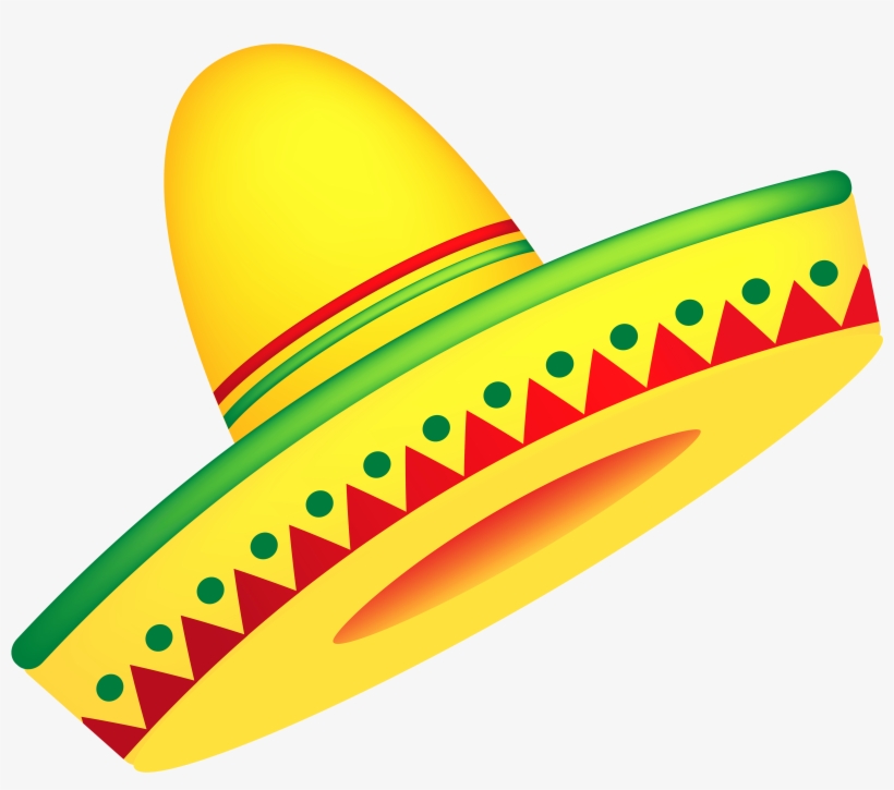 Bright yellow sombrero with green and red trim, featuring traditional Mexican decorative patterns.