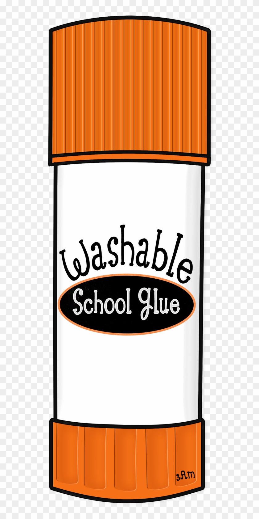 Illustration of a washable school glue stick with orange cap and white body labeled "Washable School Glue".