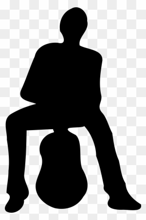 Silhouette of a person sitting cross-legged on an acoustic guitar, black figure on transparent background.