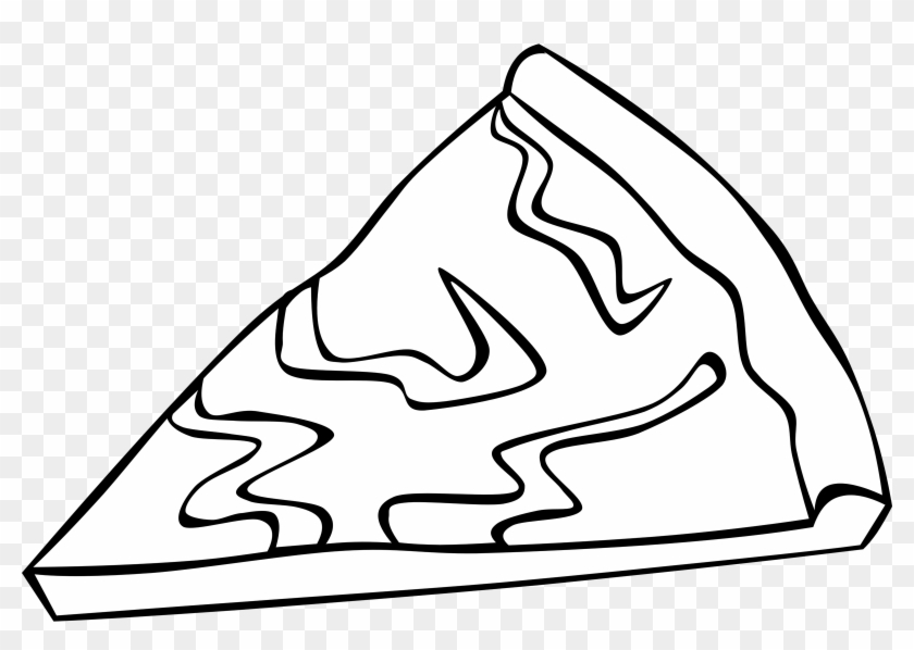 Black-and-white line drawing of a triangular pizza slice with wavy toppings and crust.