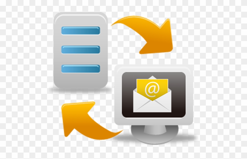Server and computer monitor exchanging email data via bidirectional arrows, symbolizing email server communication.