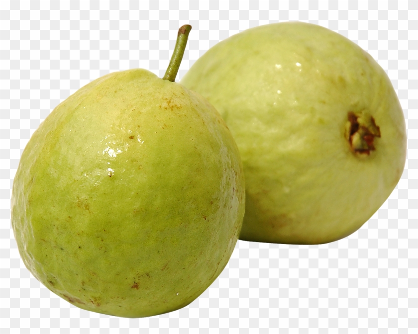 Two fresh green guavas with glossy skin and stems, one in focus foreground, against transparent background.