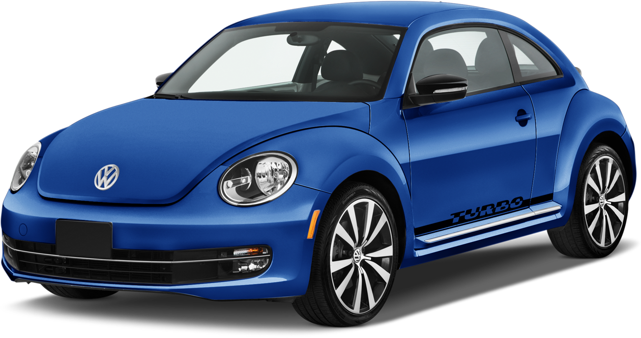 Blue 2016 Volkswagen Beetle Turbo with silver alloy wheels and side decals, front three-quarter view on black background.