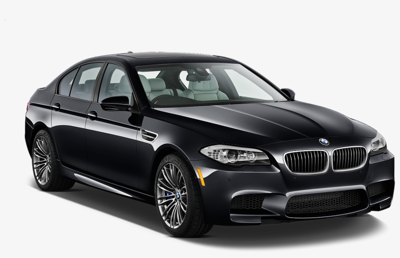 Black BMW M5 sedan with sporty design, silver alloy wheels, and light interior, shown in studio lighting.