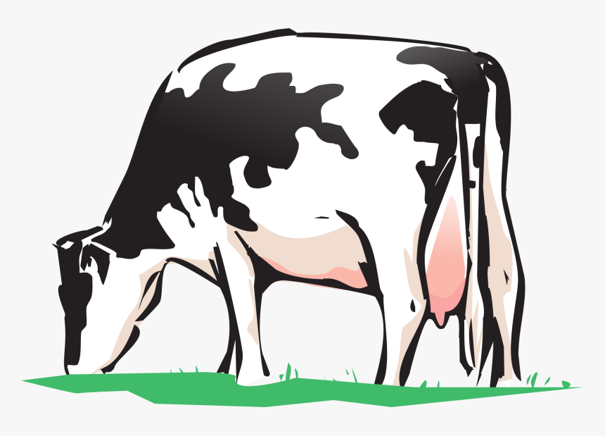 Black-and-white dairy cow grazing on green grass, stylized illustration with visible udder.