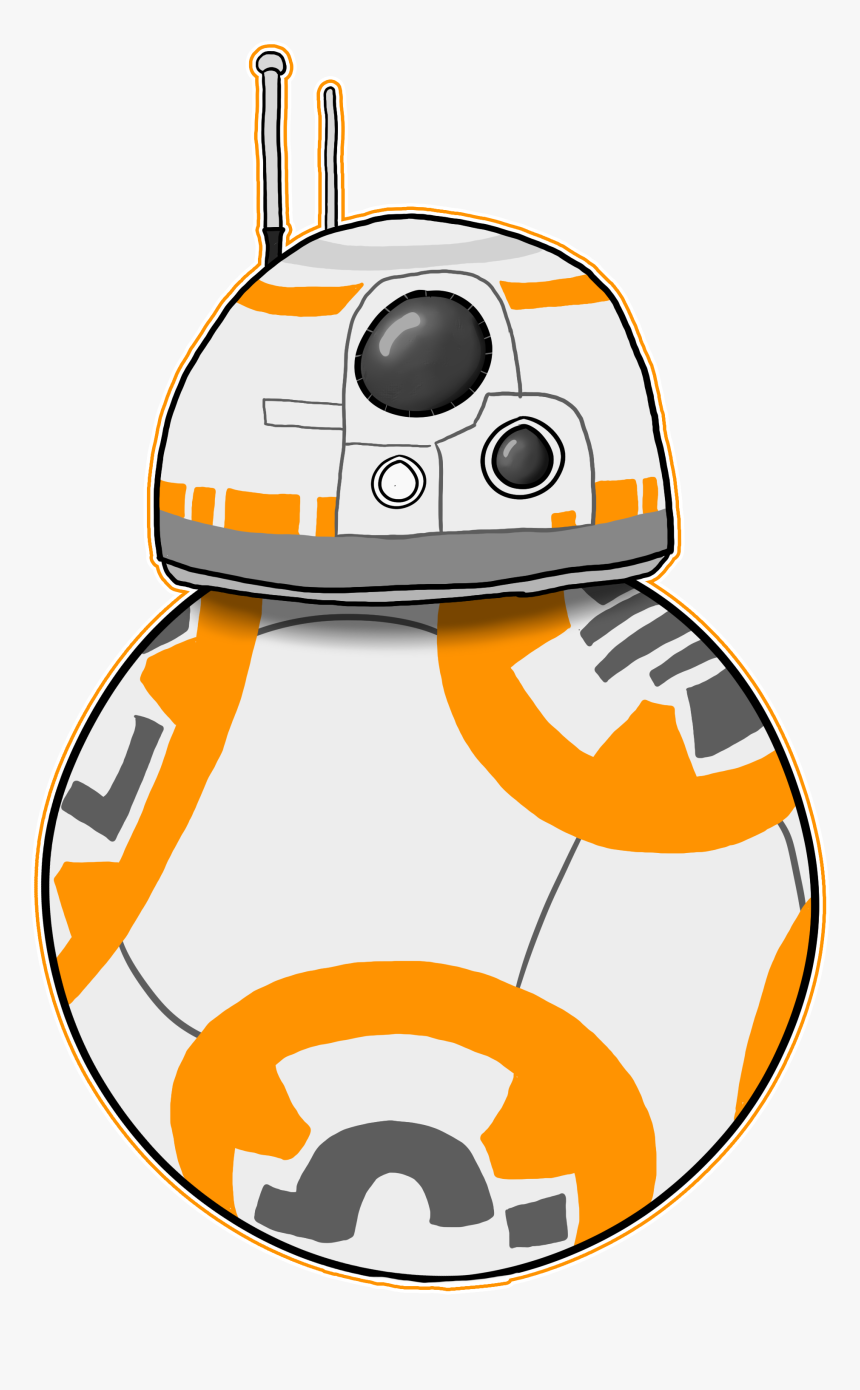 Hand-drawn illustration of BB-8, the orange-and-white astromech droid from Star Wars, with expressive black optical sensors and antennae.