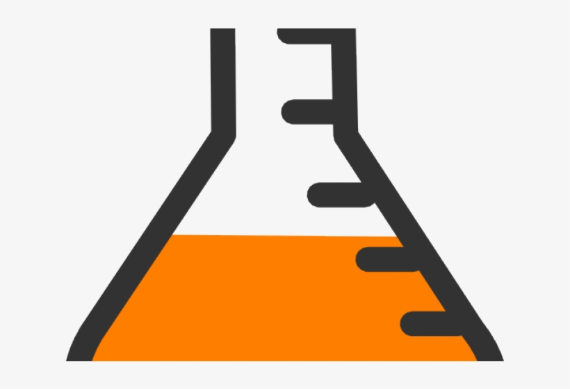 Orange liquid in a black-outlined Erlenmeyer flask with measurement markings, stylized scientific icon.