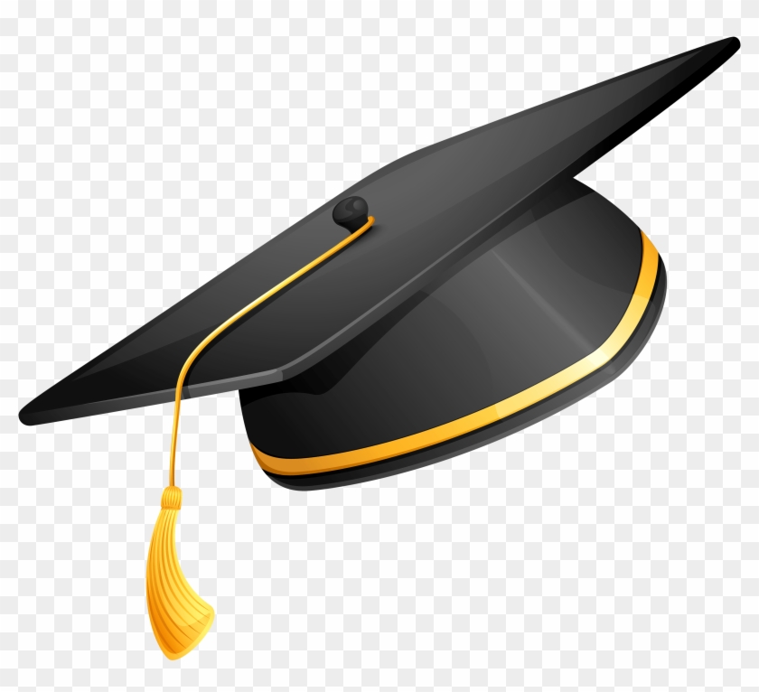 Black graduation cap with gold trim and tassel, angled view on transparent background.
