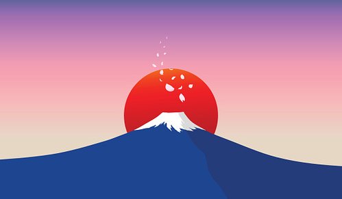 Stylized Mount Fuji with red rising sun and cherry blossom petals against a gradient sky.