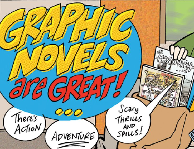 Comic-style illustration declaring "Graphic Novels Are Great!" with speech bubbles and manga titles visible.