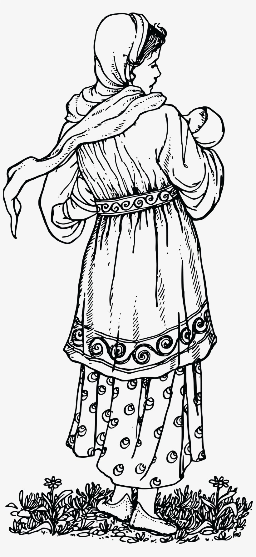 Woman in traditional embroidered dress and headscarf, carrying a bundle, standing in grassy field.