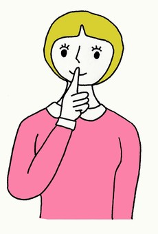 A cartoon woman with blonde hair and pink sweater holding a finger to her lips in a shushing gesture.
