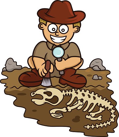 Cartoon archaeologist with magnifying glass examining a fossil skeleton in dirt.