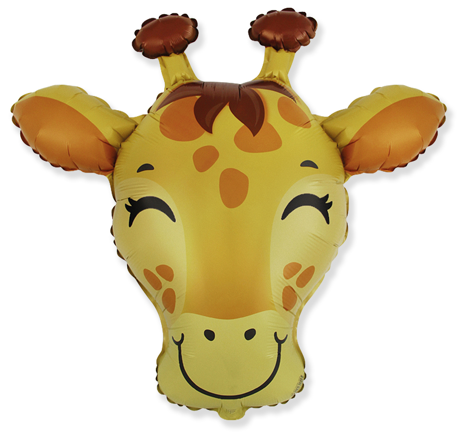 Smiling cartoon giraffe foil balloon with orange spots, closed eyes, and brown ossicones on white background.