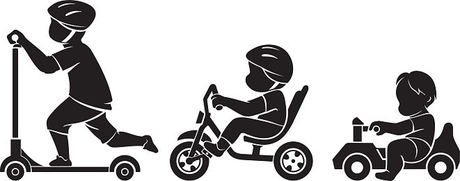 Three children riding a scooter, tricycle, and ride-on toy car, all wearing helmets-black silhouette illustration.