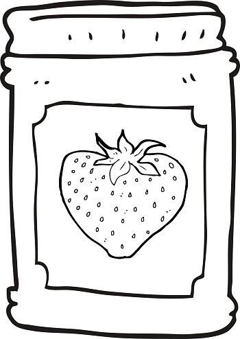 Black-and-white line drawing of a glass jar labeled with a strawberry, suggesting strawberry jam or preserves.