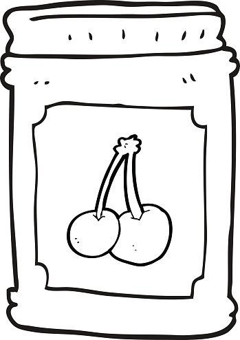 Line drawing of a jar labeled with two cherries on the front, suggesting cherry jam or preserves.