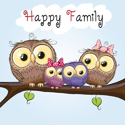 Happy Owl Family Illustration - Cute Cartoon Family Art