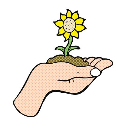 A cartoon hand gently holding a small sunflower sprouting from soil, symbolizing care, growth, and nurturing.
