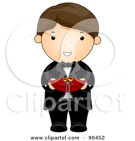 Smiling cartoon boy in black tuxedo holding a red gift box with golden ribbons and bows.