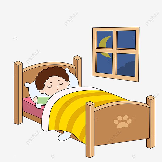 A child sleeps peacefully in a wooden bed with a yellow striped blanket, under a night window showing a crescent moon and stars.