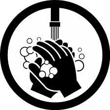 Black and white icon showing hands under running water with soap bubbles, enclosed in a circle.