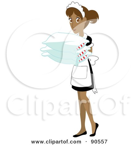 Cartoon maid holding folded white linens with red stripes, wearing classic uniform and cap.