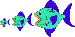 Three cartoon fish in a row, growing progressively larger from left to right, with teal bodies, purple fins, and orange mouths.
