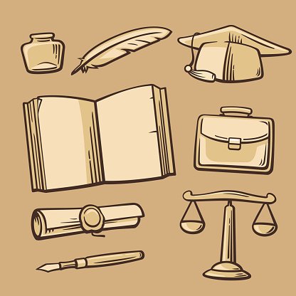 Vintage educational and legal icons including quill, inkwell, open book, graduation cap, scroll, briefcase, fountain pen, and justice scales.