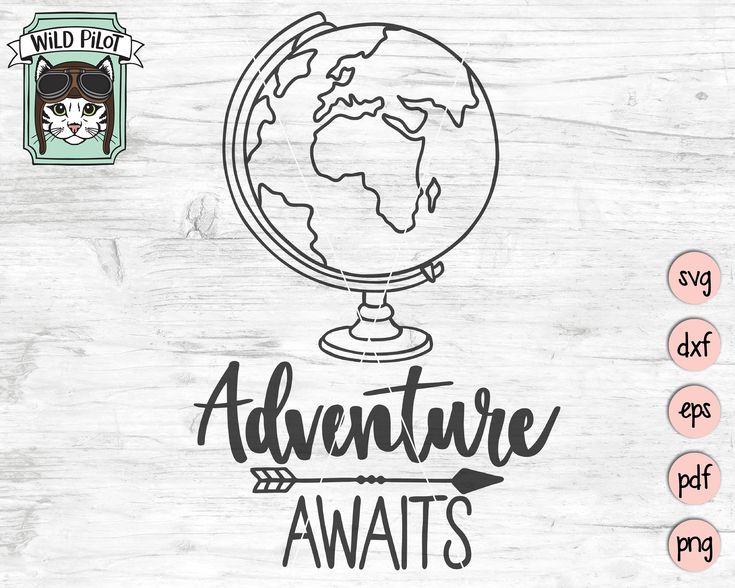 Line-art globe with "Adventure Awaits" text and arrow, plus Wild Pilot cat logo in corner.