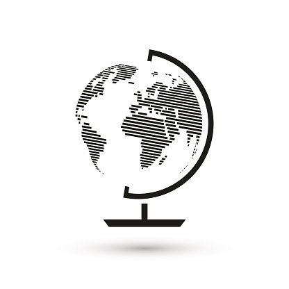 Black-and-white stylized globe on a stand with halftone continents and shadow.