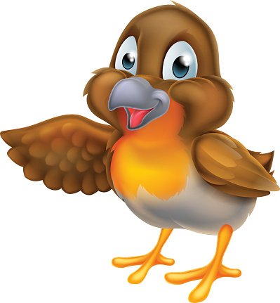 Cheerful cartoon robin with orange breast, outstretched wing, and friendly expression.