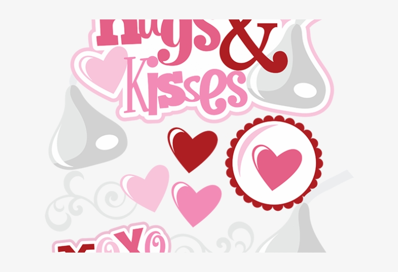 Valentine’s-themed graphic with “Hugs & Kisses” text, hearts, Hershey’s Kisses silhouettes, and decorative swirls in pink, red, and gray.