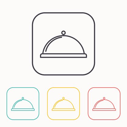 Line art icon of a food cloche (service dome) in black, teal, yellow, and red variants inside rounded square frames.