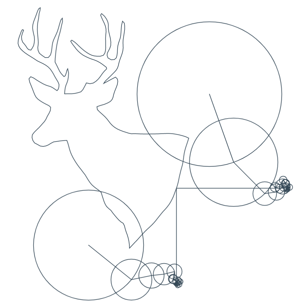Line art of a stag silhouette intertwined with geometric circles and abstract scribbles.