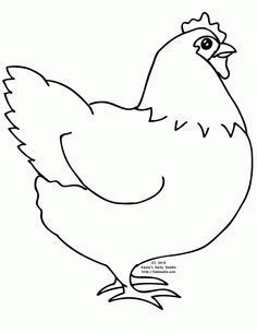 Simple black-and-white line drawing of a standing hen with comb, wattle, and feather details.