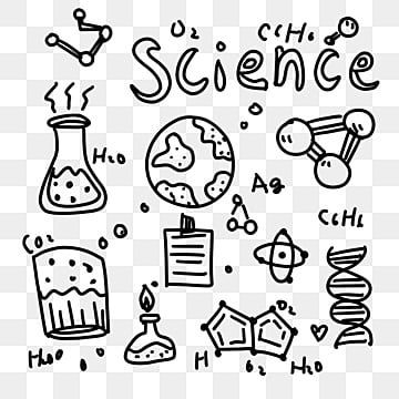 Hand-drawn science doodles including beakers, DNA, atoms, molecules, Earth, and chemical formulas on transparent background.