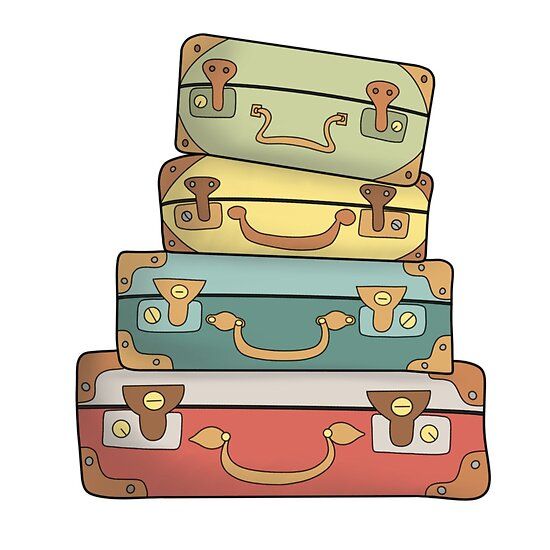 Stack of four vintage-style suitcases in red, teal, yellow, and green with brown leather trim and brass hardware.