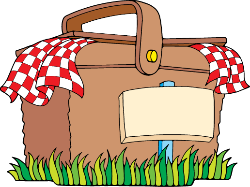 Brown picnic basket with red-and-white checkered cloth, standing in green grass.