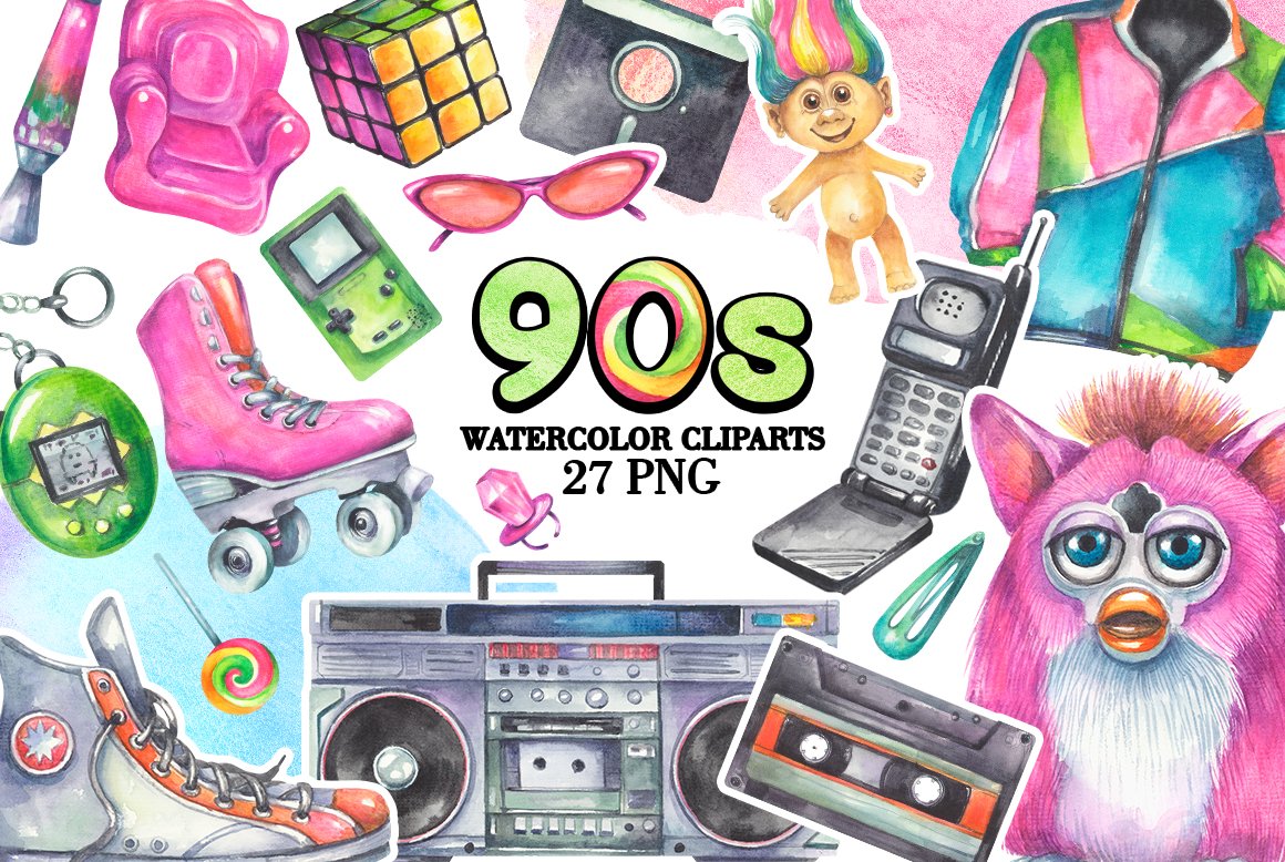 Retro 80s 90s Clipart Set Neon Colors Y2k Vector Image Clip Art Library 