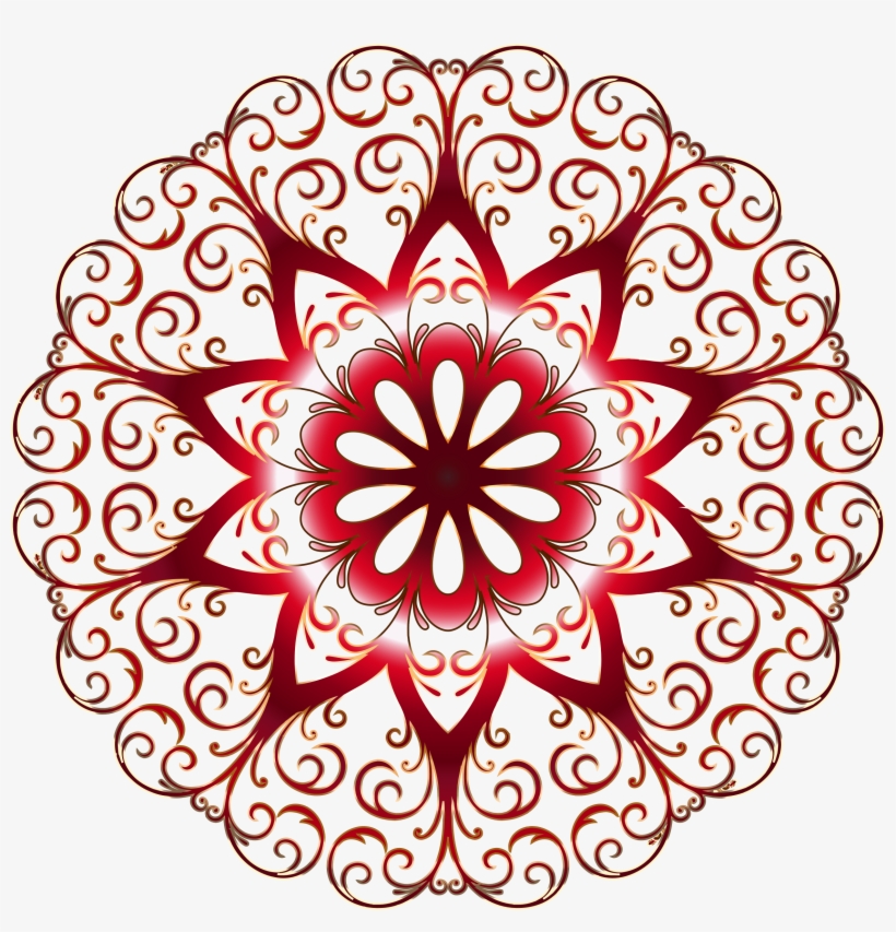 Intricate red and gold mandala with symmetrical floral and scrollwork patterns radiating from a central starburst motif.