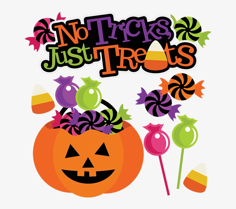 Halloween pumpkin bucket overflowing with colorful candies and "No Tricks Just Treats" text.