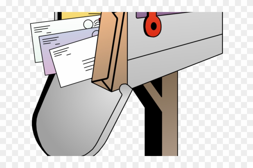 Open mailbox overflowing with letters, envelopes, and packages; red flag raised.