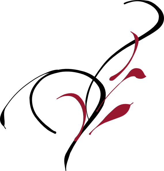 Elegant black and red floral swirl design on white background, abstract calligraphic illustration.