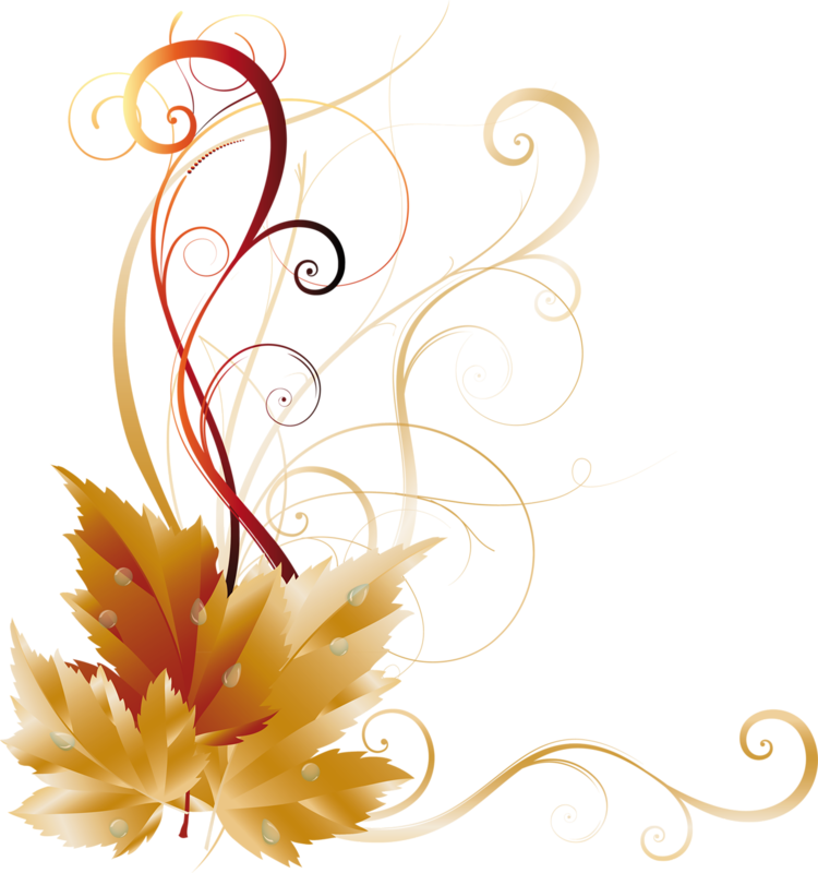 Golden autumn maple leaves with swirling ornamental vines and dewdrops on black background.