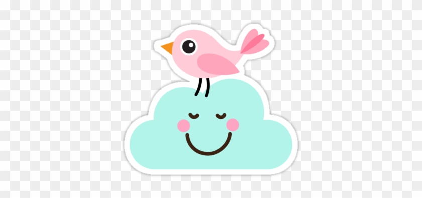A cheerful pink bird perches atop a smiling light-blue cloud with rosy cheeks and closed eyes.